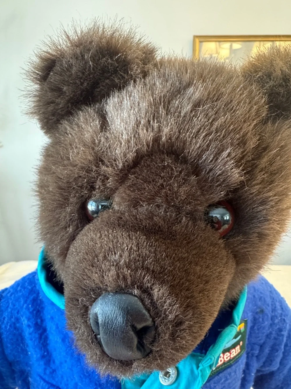 Vintage! L.L. Bean Teddy Plush Dark Brown Bear in Blue Fleece with Red Pack - Picture 3 of 9